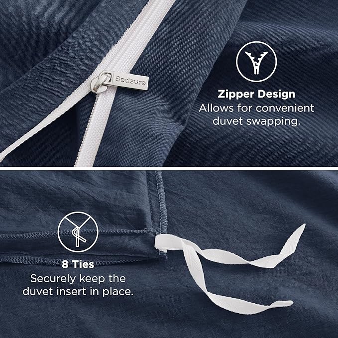 Bedsure 100% Washed Cotton Duvet Cover Queen Size - Navy Minimalist Cotton Duvet Cover Linen Like for All Seasons - GentleSoft™ Plain Simple Bedding (Navy, Queen, 90"x90")
