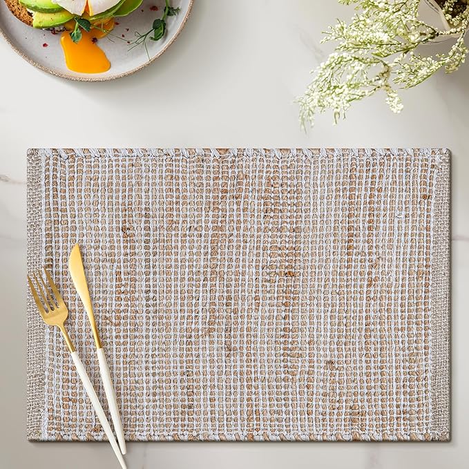 Jute Placemats Set of 4 - Boho Woven Placemats for Dining Tables, Rustic Farmhouse Style, Cotton and Jute, Neutral Colorful Table Mat, 13x19 Inch, Indoor Kitchen Decor - Natural-Ivory