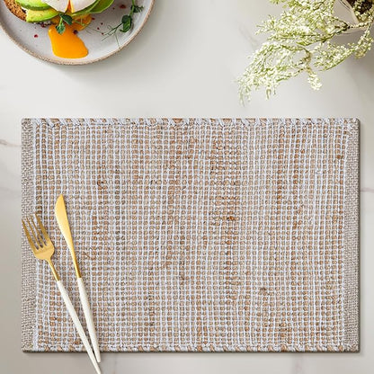 Jute Placemats Set of 4 - Boho Woven Placemats for Dining Tables, Rustic Farmhouse Style, Cotton and Jute, Neutral Colorful Table Mat, 13x19 Inch, Indoor Kitchen Decor - Natural-Ivory