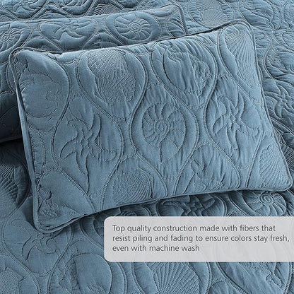 Pure Bedding Quilt Set Full/Queen Size Ash Blue - Oversized Bedspread - Soft Microfiber Coverlet for All Season - Includes 1 Quilt and 2 Shams, Ocean Star Pattern