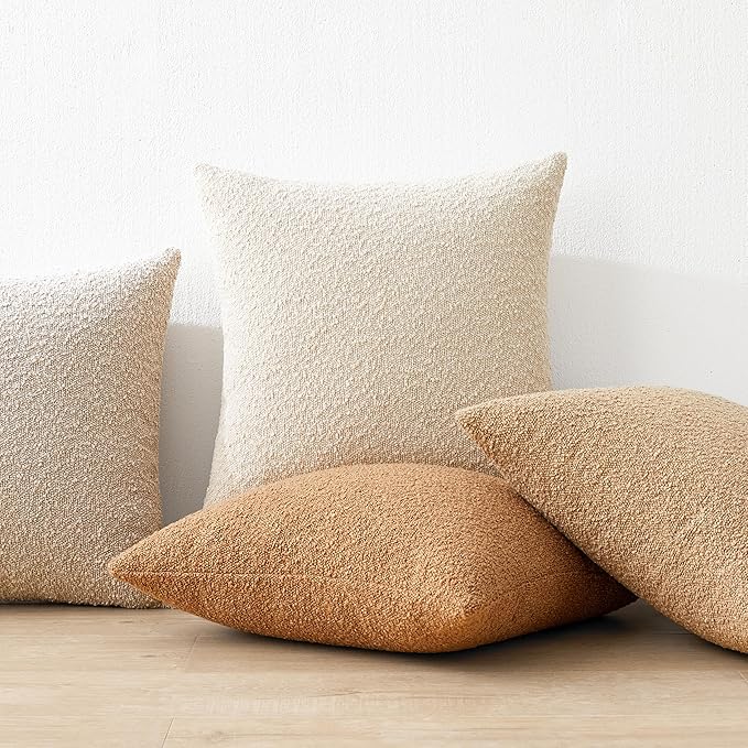 Mixhug Decorative Boucle Throw Pillow Covers, Camel, 18 x 18 Inches, Pack of 2 - Textured Boho Pillow Covers for Couch and Bed
