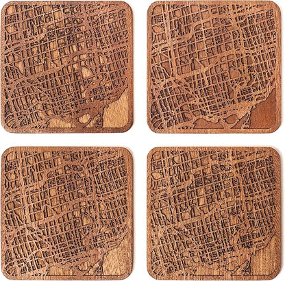 Toronto Map Coaster by O3 Design Studio, Set Of 4, Sapele Wooden Coaster With City Map, Handmade