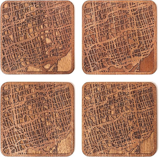Toronto Map Coaster by O3 Design Studio, Set Of 4, Sapele Wooden Coaster With City Map, Handmade