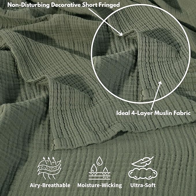 Muslin Blanket - Pure 100% Turkish Cotton Airy Soft Light Versatile Gauze Throw Blanket for Bed, Couch, Sofa (Khaki Green, Throw Size (50" x 66" inch))