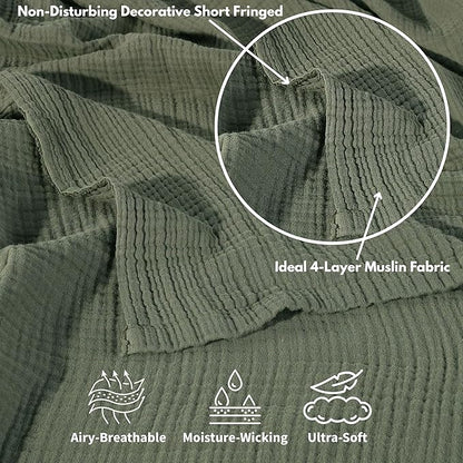 Muslin Blanket - Pure 100% Turkish Cotton Airy Soft Light Versatile Gauze Throw Blanket for Bed, Couch, Sofa (Khaki Green, Throw Size (50" x 66" inch))