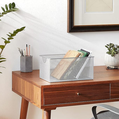 YBM Home Mesh Wire Storage Basket for Shelves, Pantry Organization, and Kitchen - Multipurpose Steel Wire Basket Holder Bin for Organizing Office Supplies, Household Toiletries and Laundry Supplies