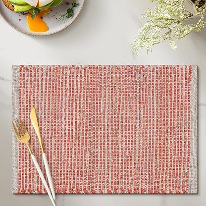 Jute Placemats Set of 4 - Boho Woven Placemats for Dining Tables, Rustic Farmhouse Style, Cotton and Jute, Neutral Colorful Table Mat, 13x19 Inch, Indoor Kitchen Decor - Natural - Orange