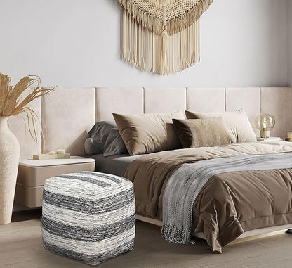 COTTON CRAFT Handwoven Stripe Dhurrie Pouf - Ottoman Foot Stool Bean Bag - Dorm Bedroom Home Décor Accent Seating - Boho Modern Comfortable Prefilled Cotton Pouf Footrest - 16 inch Square - Black