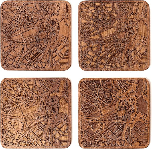 Boston Map Coaster by O3 Design Studio, Set Of 4, Sapele Wooden Coaster With City Map, Handmade