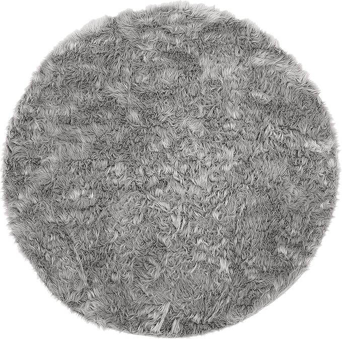 SAFAVIEH Faux Sheep Skin Collection 6' Round Grey FSS235D Silken Glam 2.35-inch Thick Area Rug