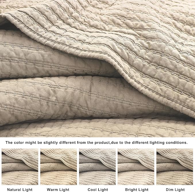 WDCOZY 100% Cotton Oversized King Size Quilt Set - Beige California Cal King Striped Pick Stitch Soft Lightweight Bedspread, Textured Like Linen, Farmhouse Country Rustic Coverlet, 3 Pieces