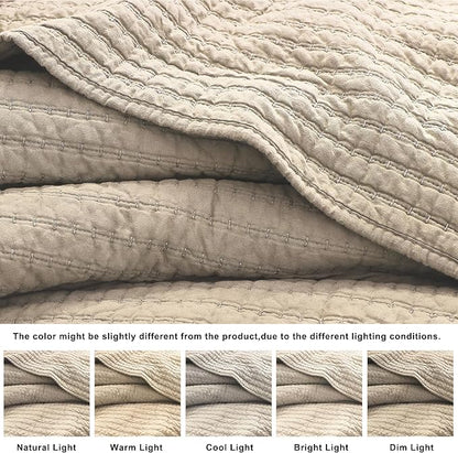 WDCOZY 100% Cotton Oversized King Size Quilt Set - Beige California Cal King Striped Pick Stitch Soft Lightweight Bedspread, Textured Like Linen, Farmhouse Country Rustic Coverlet, 3 Pieces