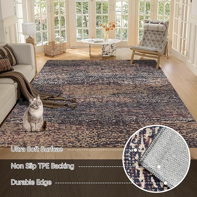 RUGSURE Washable Area Rug - 1/6 Thick - Stain & Water Resistant Non-Slip - Resistant Rug for Living Room, Bedroom, Nursery, Pet & Child Friendly, Vintage Charm Area Rugs (Rust, 9' x 12')