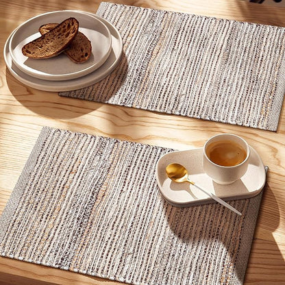 Jute Placemats Set of 4 - Boho Woven Placemats for Dining Tables, Rustic Farmhouse Style, Cotton and Jute, Neutral Colorful Table Mat, 13x19 Inch, Indoor Kitchen Decor - Natural - Brown