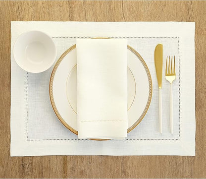 Solino Home Ivory Linen Napkins Set of 6-100% Pure Linen Hemstitch Dinner Napkins 20 x 20 Inch for Holiday, New Year - Classic Hemstitch