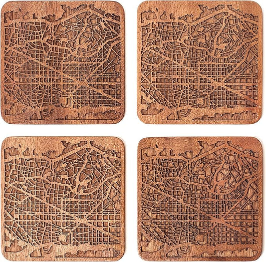 Barcelona Map Coaster by O3 Design Studio, Set Of 4, Sapele Wooden Coaster With City Map, Handmade