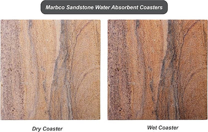 Sandstone Water Absorbent Hand Crafted Square Coasters for Drinks - 4 Inches Wide Thirsty Stone Bar/Drink Coasters- Made from Rainbow Sandstone (Set of 6 with Holder)
