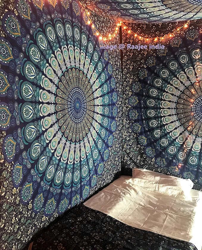 Rajsee Blue Mandala Tapestry for Bedroom, Aesthetic Room Decor, Queen 210x220 cms