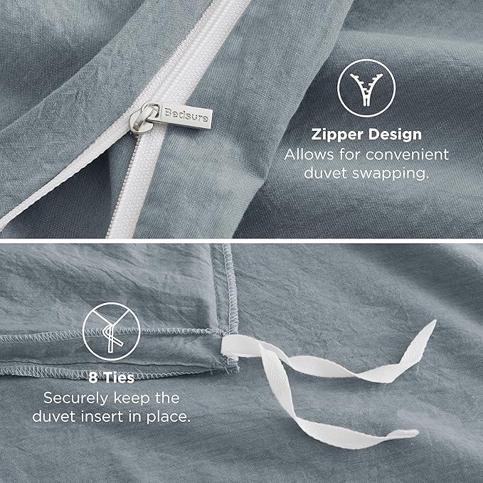 Bedsure 100% Washed Cotton Duvet Cover King Size - Dusty Blue Minimalist Cotton Duvet Cover Linen Like for All Seasons - GentleSoft™ Plain Simple Bedding (Dusty Blue, King, 104"x90")