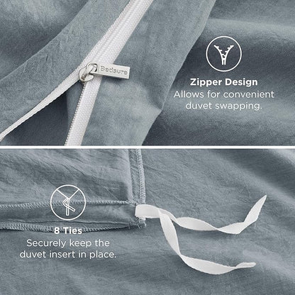 Bedsure 100% Washed Cotton Duvet Cover Queen Size - Dusty Blue Minimalist Cotton Bedding Linen Like for All Seasons - GentleSoft™ Plain Simple Duvet Cover, 3 Pieces (Dusty Blue, Queen, 90"x90")