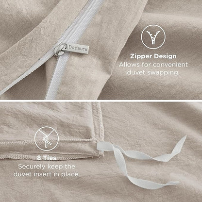 Bedsure 100% Washed Cotton Duvet Cover Queen Size - Linen Color Minimalist Cotton Duvet Cover Linen Like for All Seasons - GentleSoft™ Plain Simple Bedding (Queen, 90"x90")