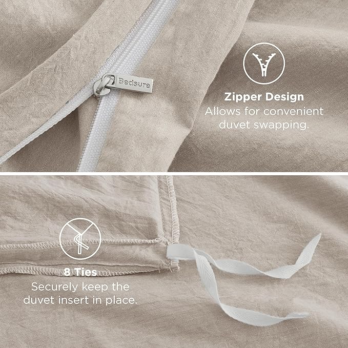 Bedsure 100% Washed Cotton Duvet Cover Full Size - Linen Color Minimalist Cotton Duvet Cover Linen Like for All Seasons - GentleSoft™ Plain Simple Bedding (Full, 80"x90")