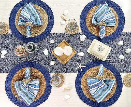CHARDIN HOME Round Verona Woven Jute & Cotton Braided PLACEMAT (Set of 4), Size -15 inch, Round, Color - Natural Jute with Royal Blue Border