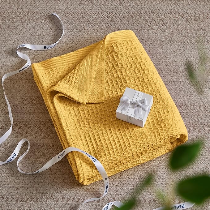 Bedsure Gentlesoft 100% Cotton Blanket Queen Size for Bed - Breathable and Soft, Thick Cozy Waffle Weave Christmas Blanket Gift for Women, Mustard Yellow, 90x90 Inches