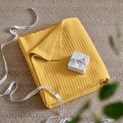 Bedsure Gentlesoft 100% Cotton Blanket King Size for Bed - Breathable and Soft, Thick Cozy Waffle Weave Christmas Blanket Gift for Women, Mustard Yellow, 104x90 inches