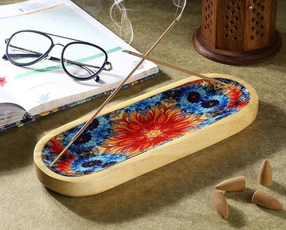 Bless-International Traditional-Handmade-Tray-Burner Wooden-Trat-Incense-Stick-Holder Ash-Catcher-Stand for-Aromatherapy-Meditation-Yoga (Abstract Flowers, 11x4x1.22 Inches)