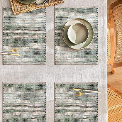 Jute Placemats Set of 4 - Boho Woven Placemats for Dining Tables, Rustic Farmhouse Style, Cotton and Jute, Neutral Colorful Table Mat, 13x19 Inch, Indoor Kitchen Decor - Natural - Green