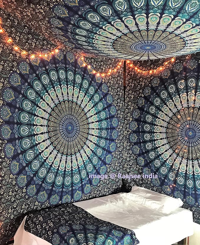 Rajsee Blue Mandala Tapestry for Bedroom, Aesthetic Room Decor, Queen 210x220 cms