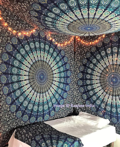 Rajsee Blue Mandala Tapestry for Bedroom, Aesthetic Room Decor, Queen 210x220 cms