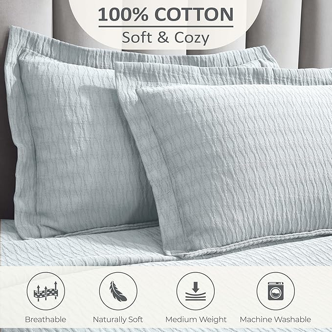 Superior 3 Piece Cotton Bedspread Set, Home Bed Decor, Decorative Bed Spread, 2 Pillow Shams, Medium Weight Blanket, Matelasse Coverlet, Bedding Essentials, Calvert Collection, Full, Sky Blue