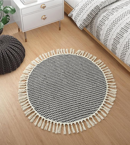 Lahome Boho Black and White Round Rug 3ft, Small Circle Bathroom Kitchen Rug Lightweight Washable Rugs for Entryway with Tassels, Farmhouse Cotton Non Shedding Round Mat for Bath Dorm Bedroom