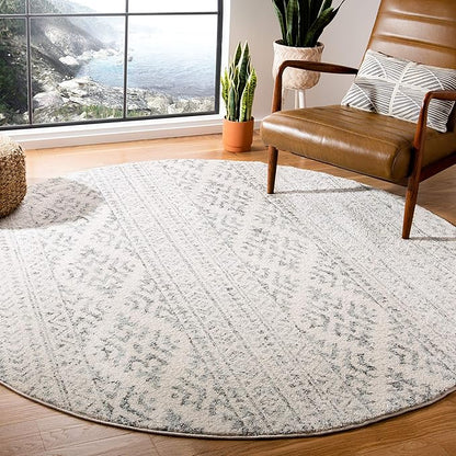 SAFAVIEH Tulum Collection Area Rug - 8' Round, Ivory & Grey, Moroccan Boho Tribal Design, Non-Shedding & Easy to Clean, Ideal for Living Room, Bedroom, Dining Space (TUL272A)