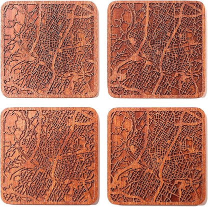 Austin Map Coaster by O3 Design Studio, Set Of 4, Sapele Wooden Coaster With City Map, Handmade