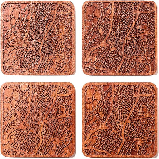 Austin Map Coaster by O3 Design Studio, Set Of 4, Sapele Wooden Coaster With City Map, Handmade