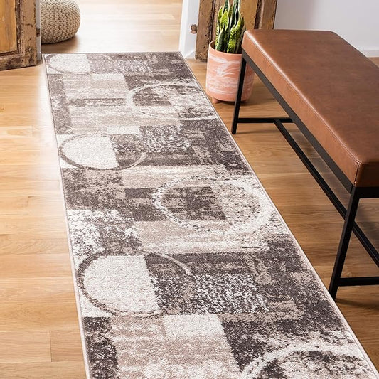 Rugshop Contemporary Abstract Circle Design Runner Rug, Fade-Resistant Carpet for Hallway, Entryway, or Kitchen, Brown, 2' x 7'2"