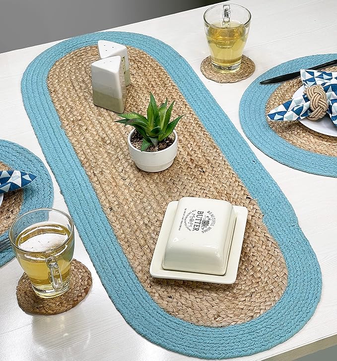CHARDIN HOME Verona Oval Woven Jute & Cotton Braided Table Runner, Size -13 x 36 Inches, Color - Natural Jute with Aqua Border
