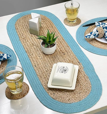 CHARDIN HOME Verona Oval Woven Jute & Cotton Braided Table Runner, Size -13 x 36 Inches, Color - Natural Jute with Aqua Border