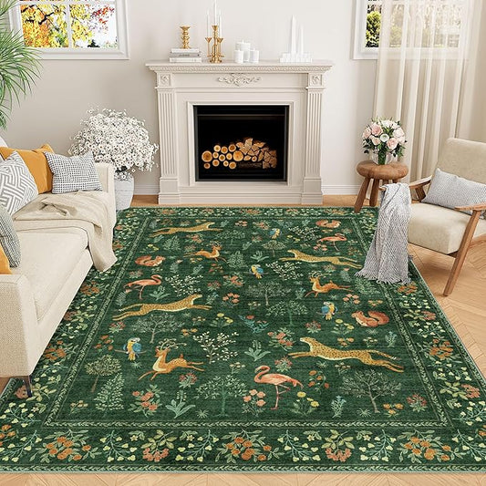 DUKINO 9x12 Rug, Washable Animal Living Room Rug with Non Slip Vintage Design, Soft Low Pile Large Carpet for Bedroom, Nursery, Dining Room, Farmhouse, Playroom, Green
