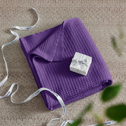 Bedsure Gentlesoft 100% Cotton Blanket Queen Size for Bed - Breathable and Soft, Thick Cozy Waffle Weave Christmas Blanket Gift for Women, Purple, 90x90 Inches