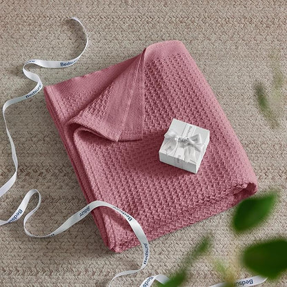 Bedsure Gentlesoft 100% Cotton Blanket Queen Size for Bed - Breathable and Soft, Thick Cozy Waffle Weave Christmas Blanket Gift for Women, Dusty Rose, 90x90 Inches