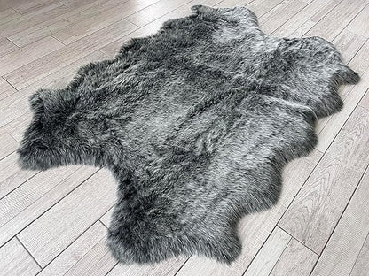 Free Shape Luxury Soft Fluffy Shag Area Rug Single Quarto 4 Pelts 4'x6',120x180 cm - Vegan Fur Ultra Soft Indoor Carpet Nursery Rugs for Bedroom Home Decor, Black with White Tips