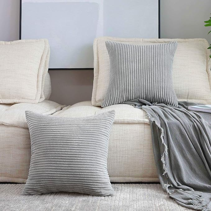 Home Brilliant Pillow Covers 22x22 2 Packs Throw Pillows Covers Striped Velvet Sofa Pillows Decorative Sets Holiday Decor, 55cm, 22 x 22 Inch, Light Grey