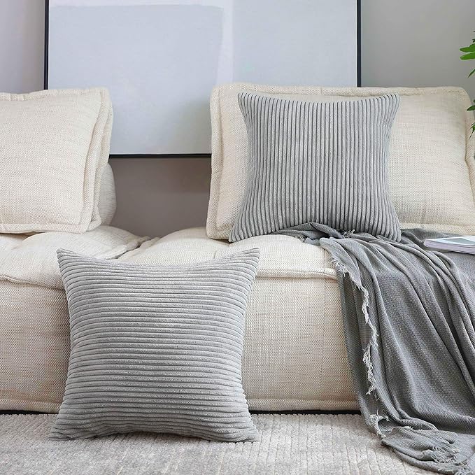 Home Brilliant Throw Pillow Covers 18 x 18 Set of 2 Striped Velvet Corduroy Gray Couch Pillow Covers Decorative Throw Pillow Covers for Couch Chair Bed, 18x18 inch, Light Grey