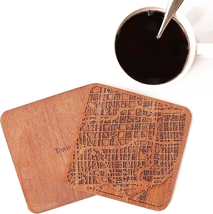Toronto Map Coaster by O3 Design Studio, Set Of 4, Sapele Wooden Coaster With City Map, Handmade