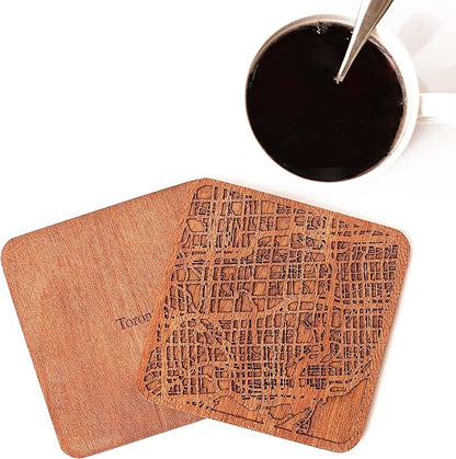 Toronto Map Coaster by O3 Design Studio, Set Of 4, Sapele Wooden Coaster With City Map, Handmade