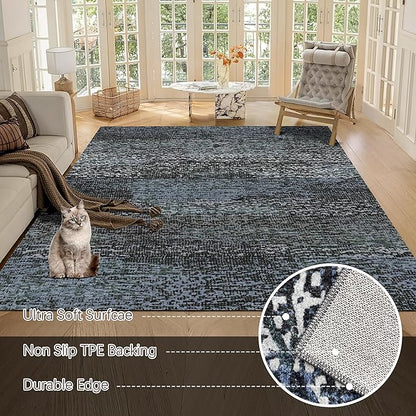 RUGSURE Washable Area Rug - 1/6 Thick - Stain & Water Resistant Non-Slip - Resistant Rug for Living Room, Bedroom, Nursery, Pet & Child Friendly, Vintage Charm Area Rugs (Darkgrey+Bule, 5' x 7')
